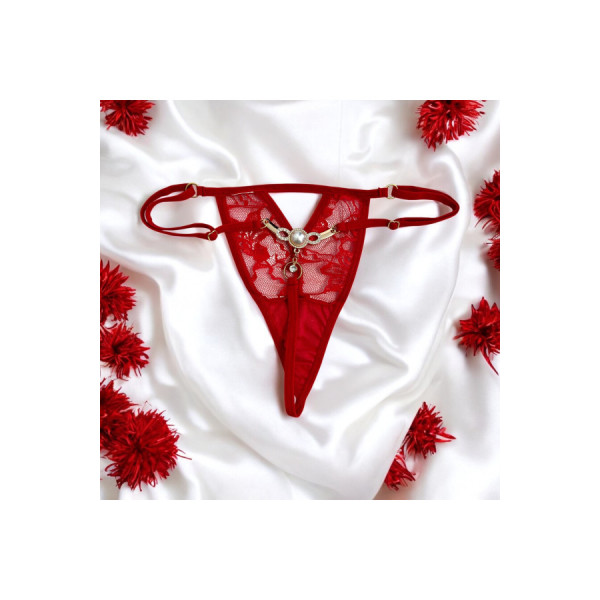 String rouge avec bijou perle & strass dorés 
